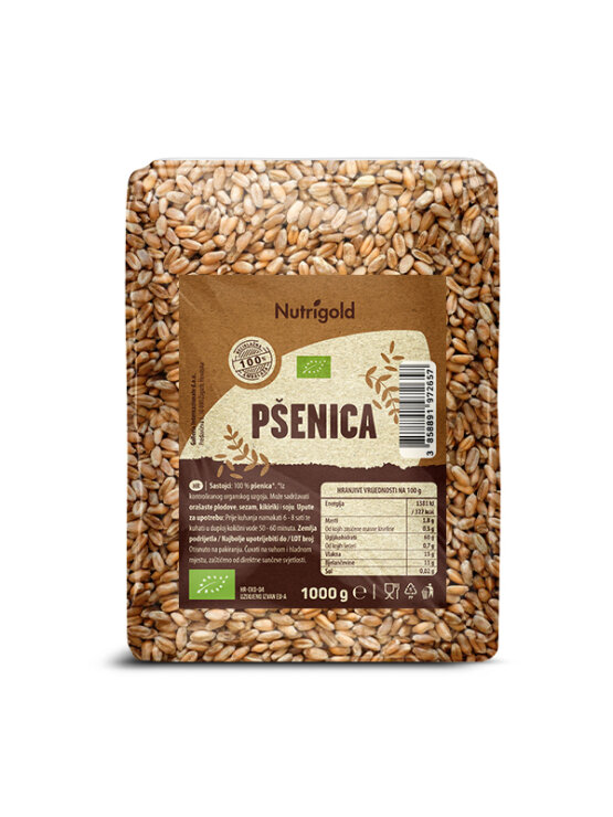 Nutrigold organic wheat in a transparent packaging of 1000g