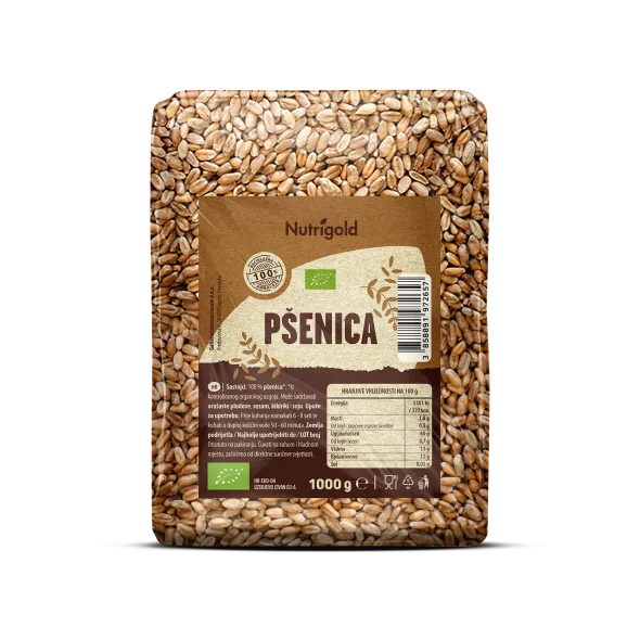 Nutrigold organic wheat in a transparent packaging of 1000g
