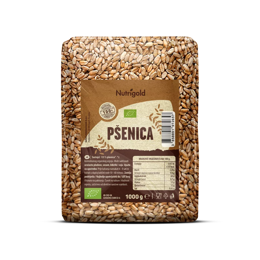 Nutrigold organic wheat in a transparent packaging of 1000g