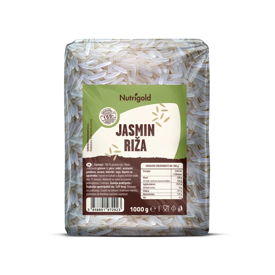 Nutrigold jasmine rice in a transparent packaging of 1000g