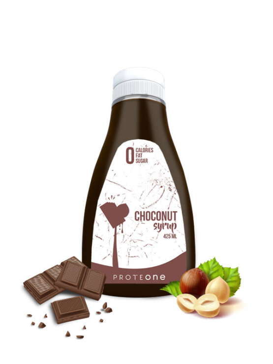 ProteONE hazelnut and chocolate topping in a dispensing bottle of 425ml