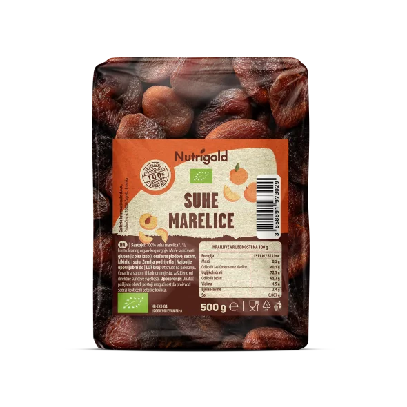 Nutrigold organic dried apricots in a transparent packaging of 500g