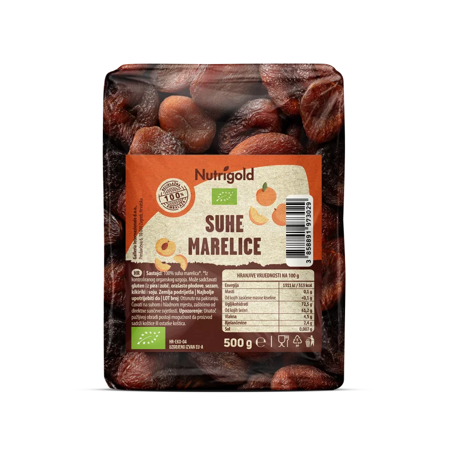 Nutrigold organic dried apricots in a transparent packaging of 500g