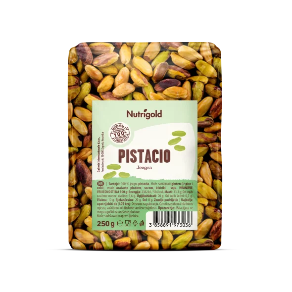 Nutrigold pistachio kernels in a transparent packaging of 250g