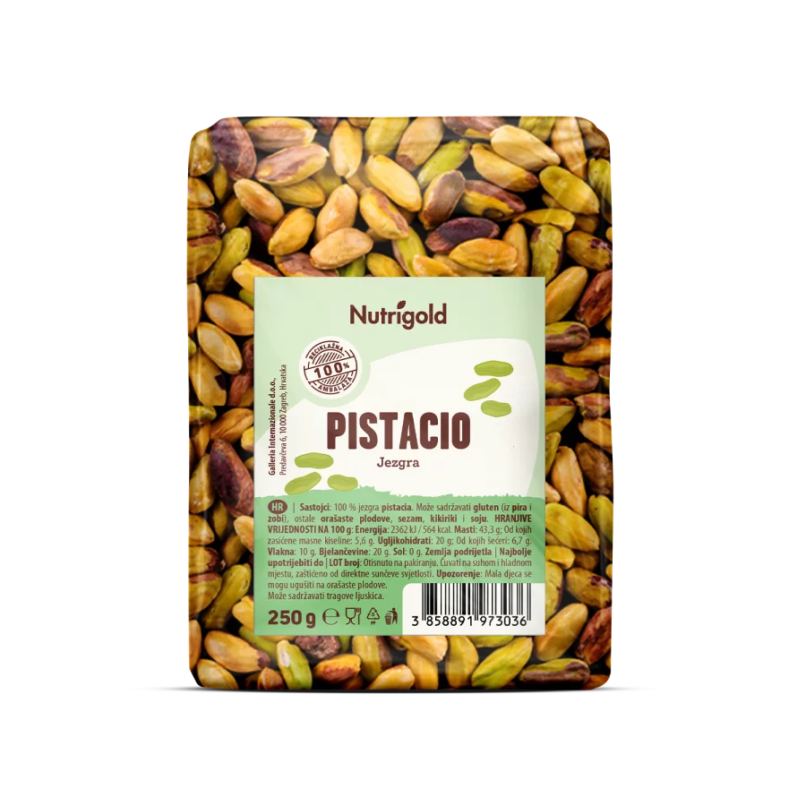 Nutrigold pistachio kernels in a transparent packaging of 250g
