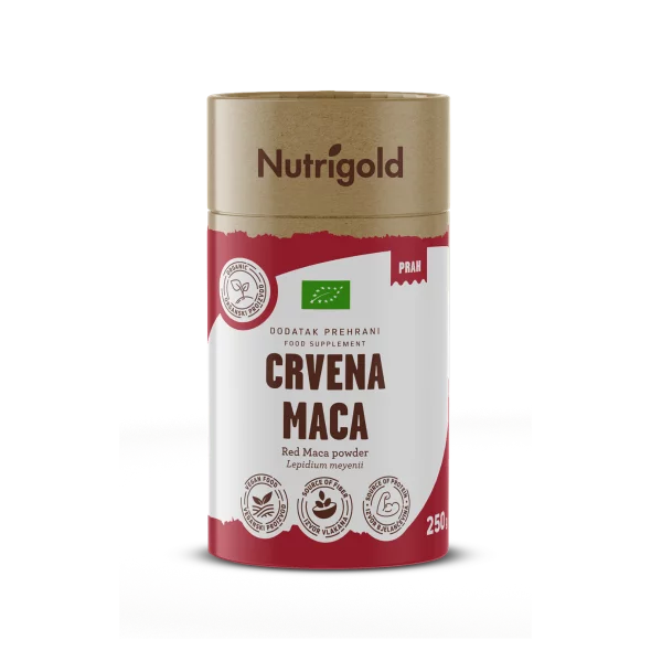 Nutrigold organic red maca powder in a packaging of 250g