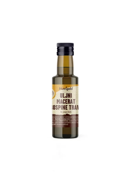 Nutrigold organic Saint John's wort macerated oil in a dark glass bottle of 100ml