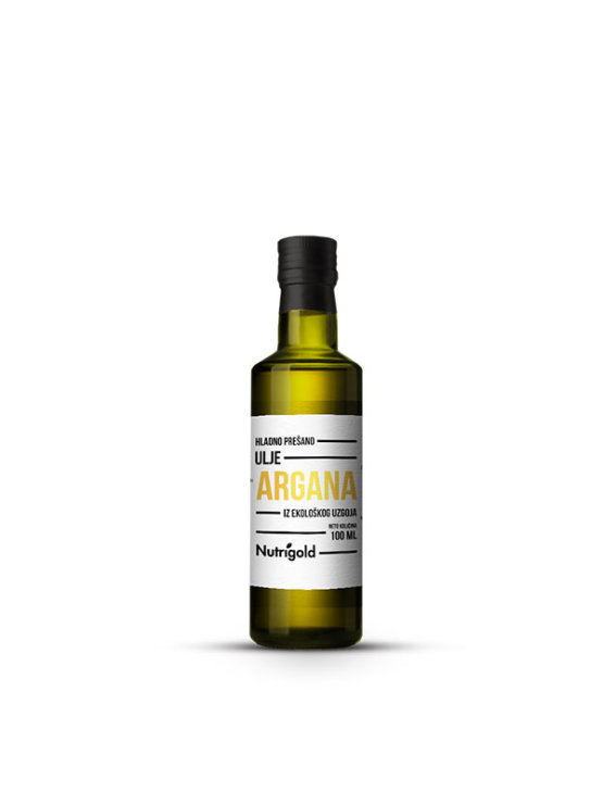 Nutrigold organic cold pressed argan oil in a dark glass bottle of 100g