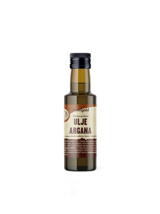 Nutrigold organic cold pressed argan oil in a dark glass bottle of 100g