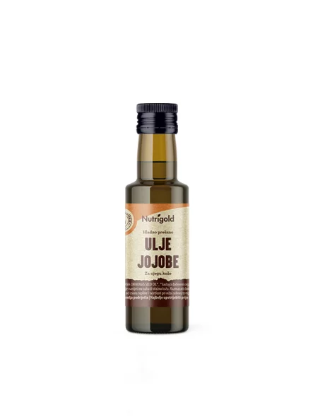Nutrigold organic cold pressed jojoba oil in a dark glass bottle of 100ml