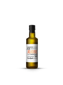 Nutrigold organic cold pressed jojoba oil in a dark glass bottle of 100ml