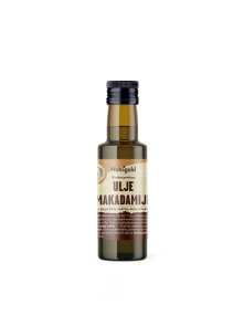 Nutrigold organic cold pressed macadamia nut oil in a dark bottle packaging of 100ml