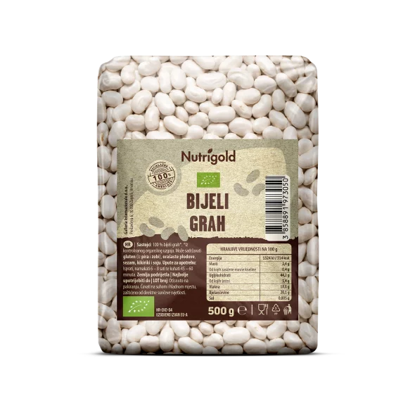 Nutrigold organic white beans in a packaging of 500g