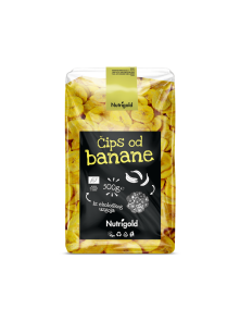 Nutrigold organic banana chips in a 500g transparent packaging