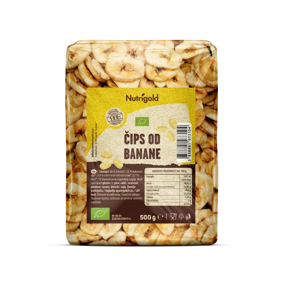 Nutrigold organic banana chips in a 500g transparent packaging