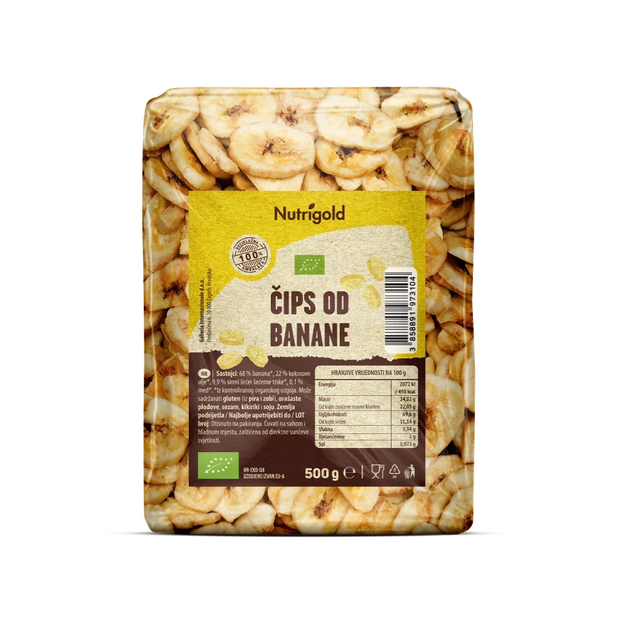 Nutrigold organic banana chips in a 500g transparent packaging