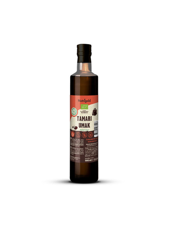 Nutrigold organic tamari sauce in a dark glass bottle of 500ml