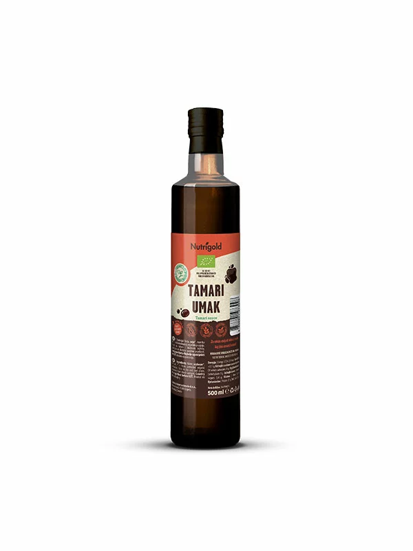 Nutrigold organic tamari sauce in a dark glass bottle of 500ml