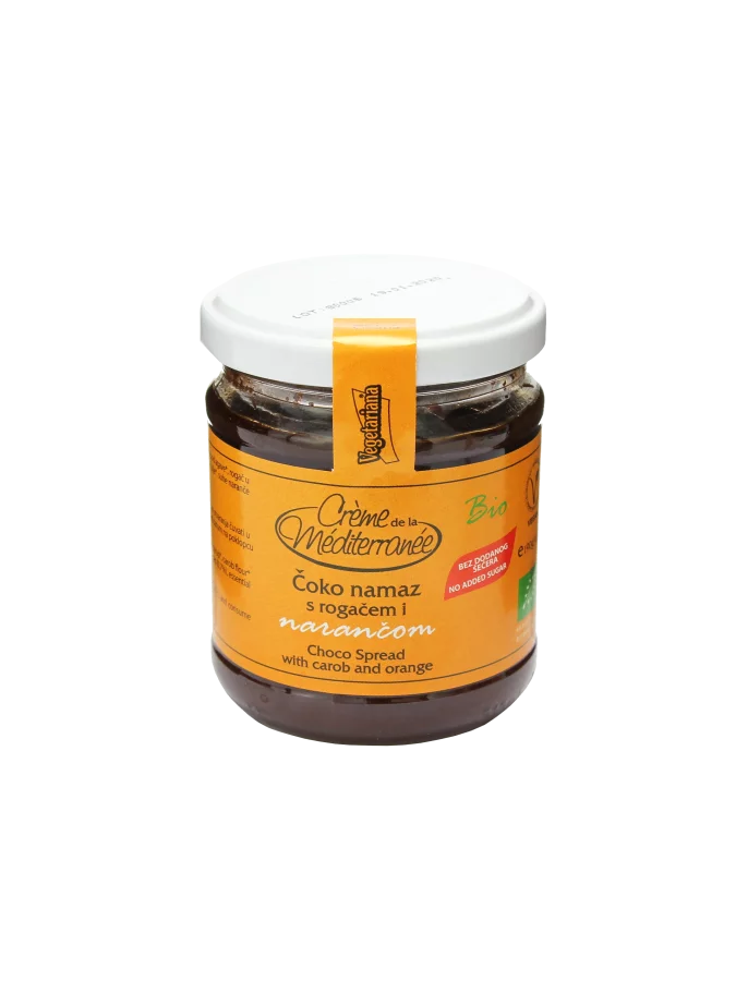 Vegetariana organic choco spread with carob and orange in a glass jar of 190g