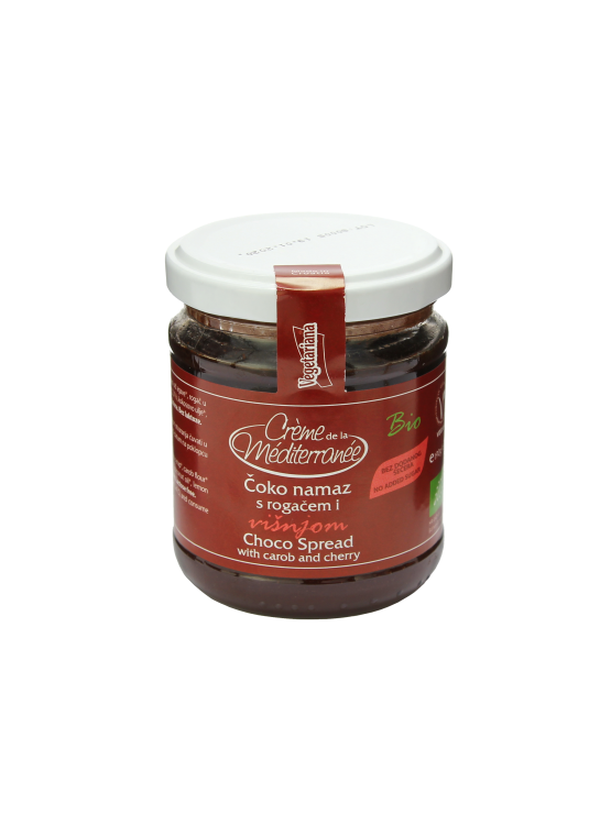Vegetariana organic choco spread with carob and cherry in a glass jar of 190g