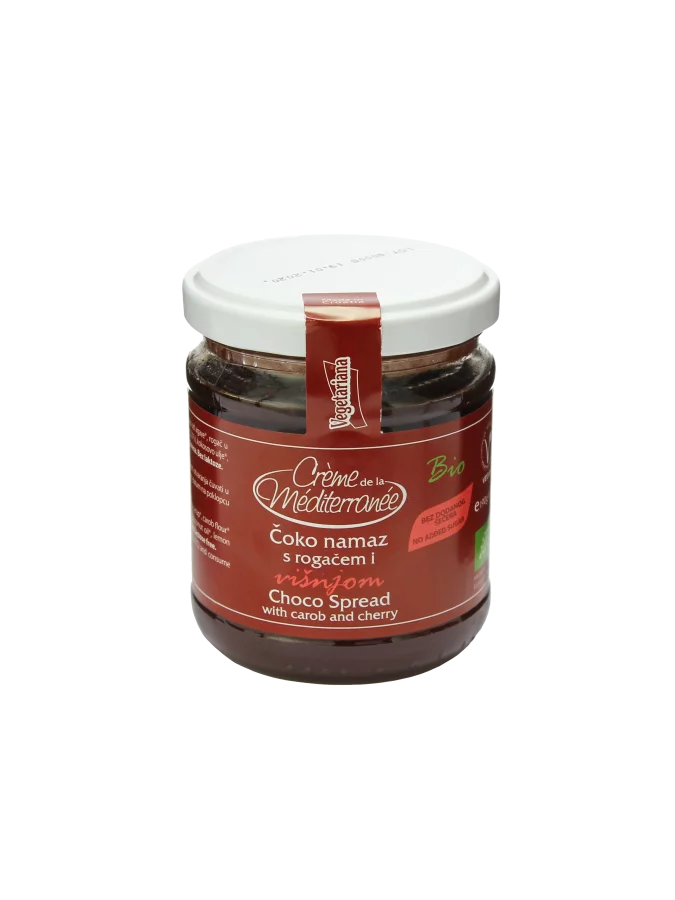 Vegetariana organic choco spread with carob and cherry in a glass jar of 190g