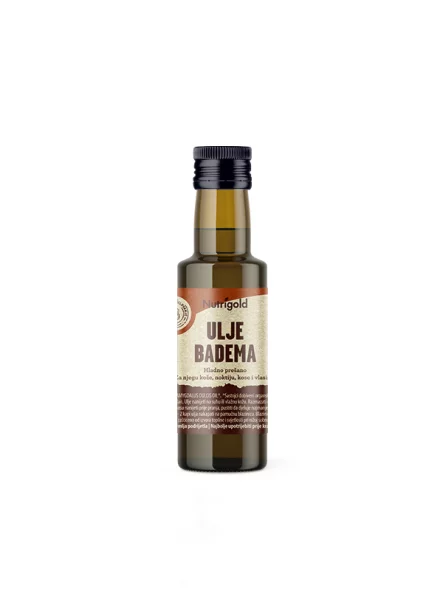 Nutrigold organic cold pressed almon oil in a dark glass bottle of 100ml