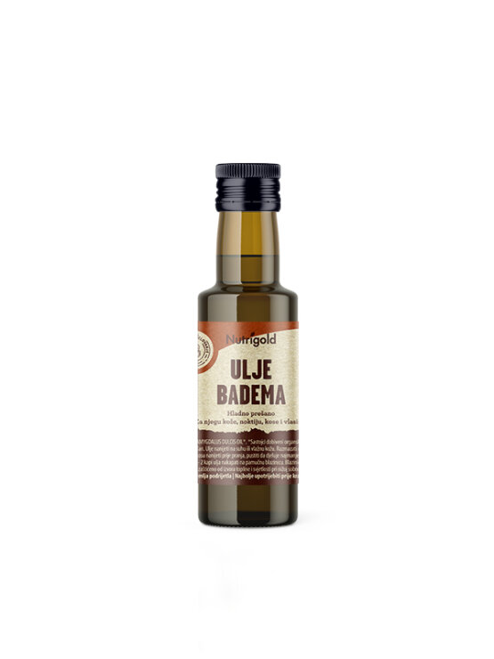 Nutrigold organic cold pressed almon oil in a dark glass bottle of 100ml