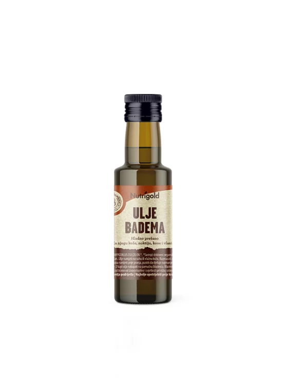 Nutrigold organic cold pressed almon oil in a dark glass bottle of 100ml