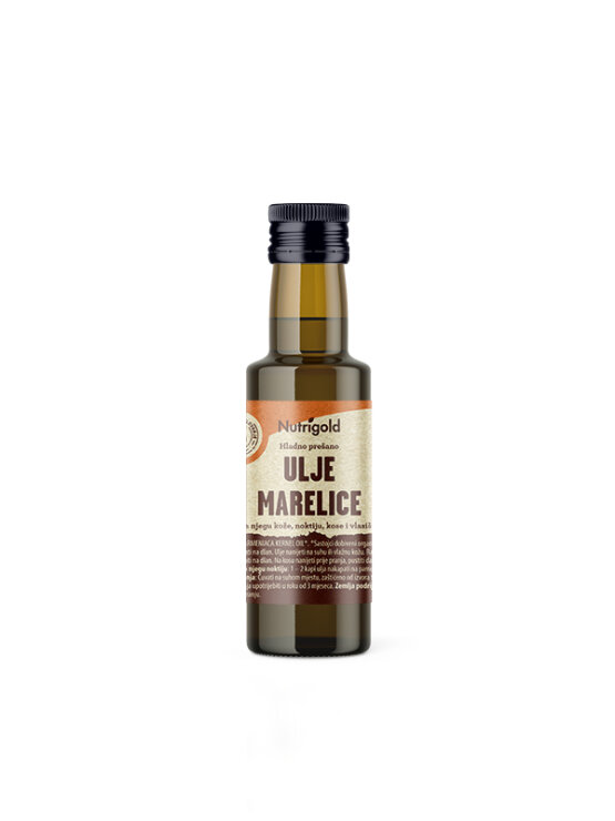Nutrigold organic cold pressed apricot oil in a dark glass bottle of 100ml