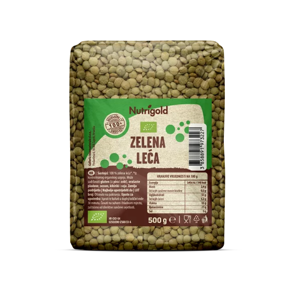 Nutrigold organic green lentils in a packaging of 500g