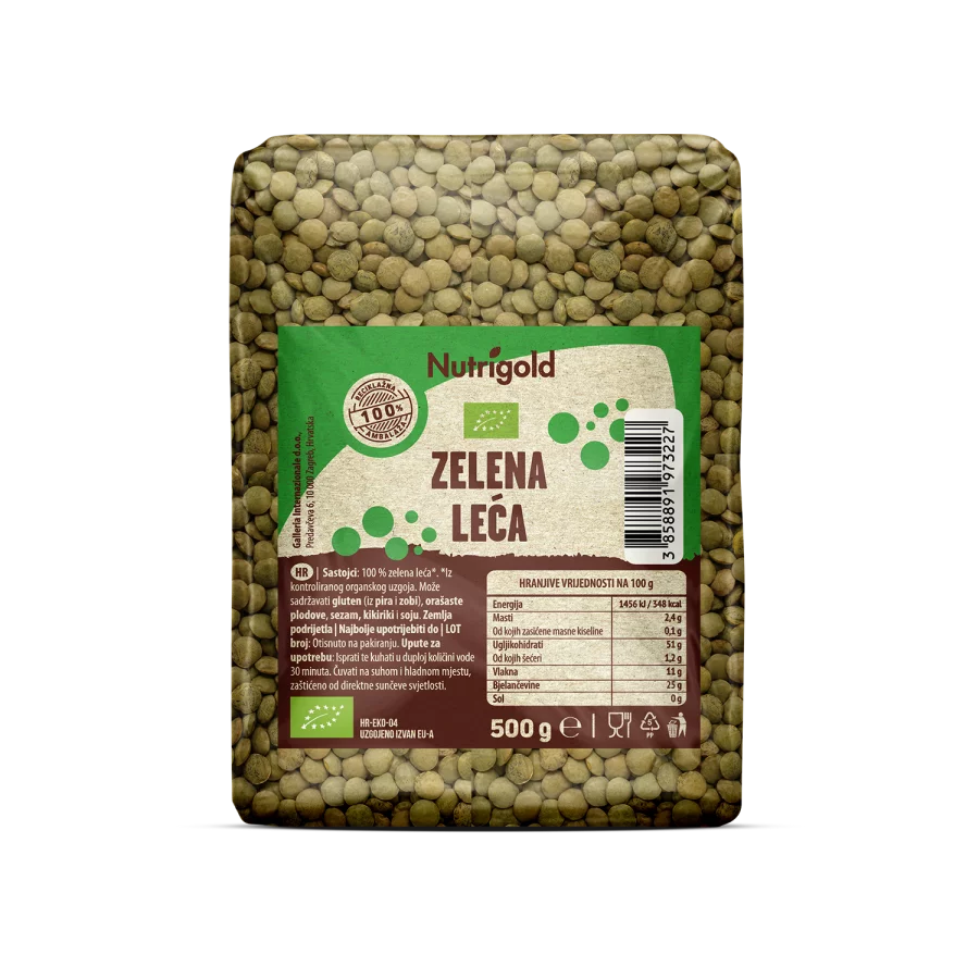 Nutrigold organic green lentils in a packaging of 500g