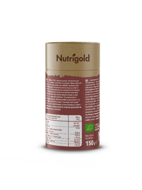Nutrigold organic Siberian ginseng in a cylinder-shaped packaging of 150g