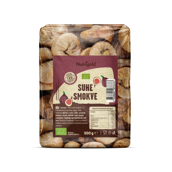 Nutrigold organic dried figs in a transparent packaging of 500g