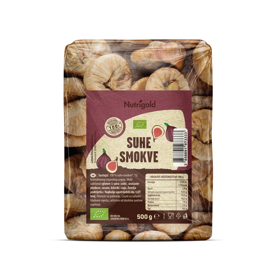 Nutrigold organic dried figs in a transparent packaging of 500g