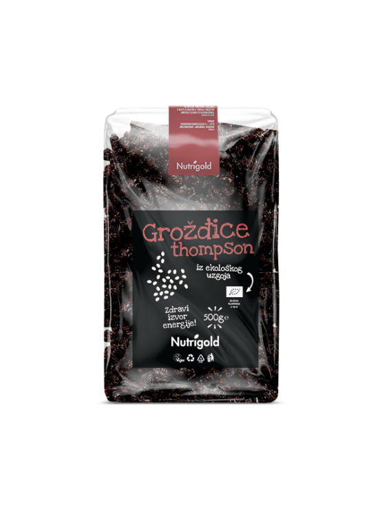 Nutrigold organic Thompson raisins in a transparent packaging of 500g