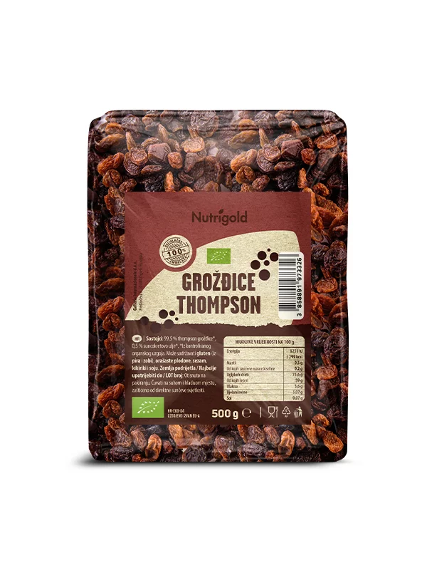 Nutrigold organic Thompson raisins in a transparent packaging of 500g