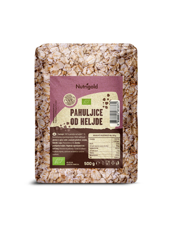 Nutrigold organic buckwheat flakes in a transparent packaging of 500g