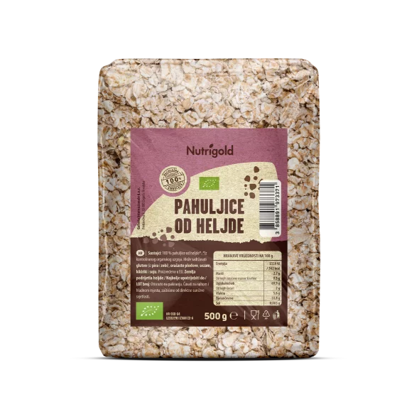 Nutrigold organic buckwheat flakes in a transparent packaging of 500g