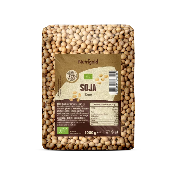 Nutrigold organic soybean in a transparent packaging of 1000g