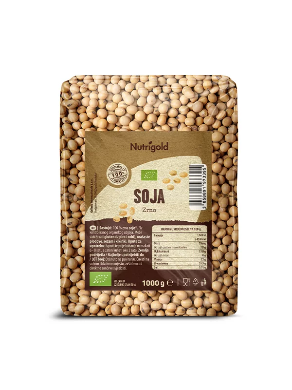 Nutrigold organic soybean in a transparent packaging of 1000g