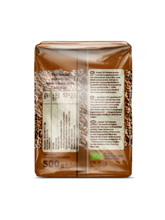 Nutrigold organic ground linseed in a transparent packaging of 500g
