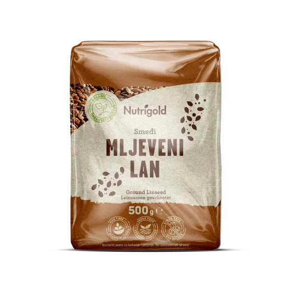 Nutrigold organic ground linseed in a transparent packaging of 500g