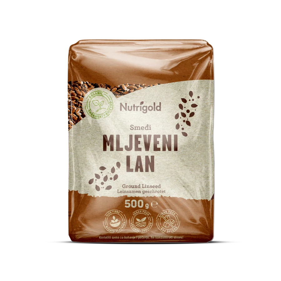 Nutrigold organic ground linseed in a transparent packaging of 500g