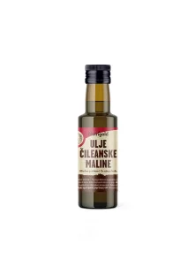 Nutrigold organic cold pressed Chilean raspberry seed oil in a dark glass bottle of 100ml