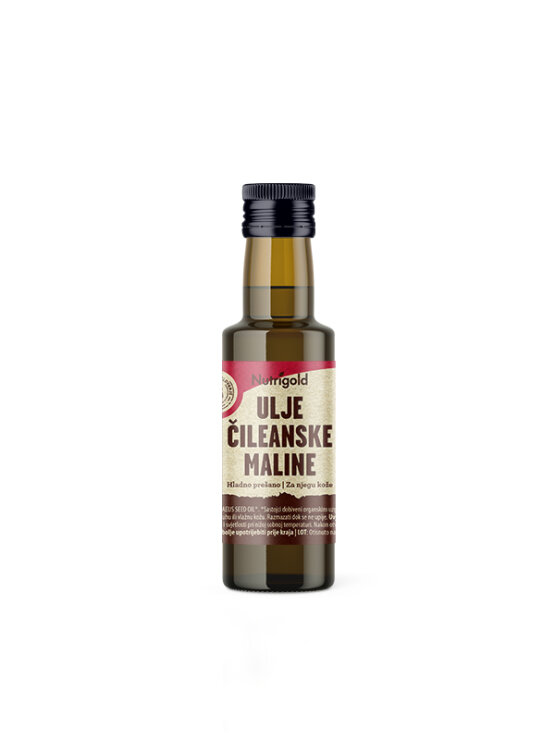 Nutrigold organic cold pressed Chilean raspberry seed oil in a dark glass bottle of 100ml