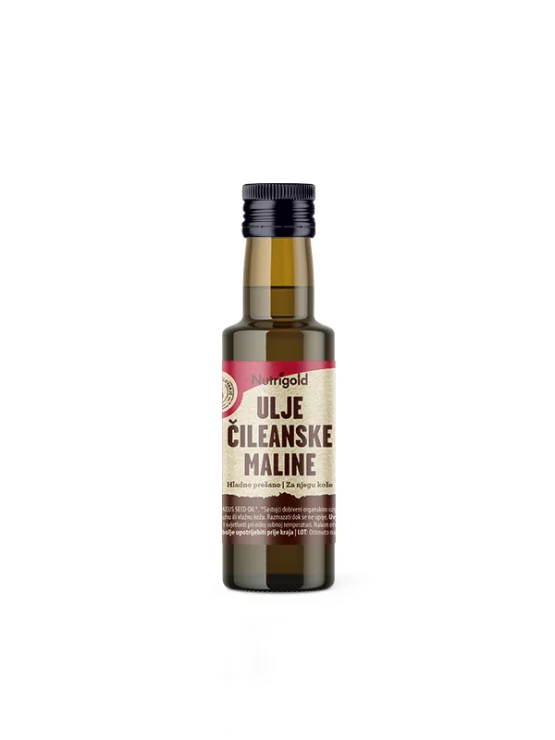 Nutrigold organic cold pressed Chilean raspberry seed oil in a dark glass bottle of 100ml