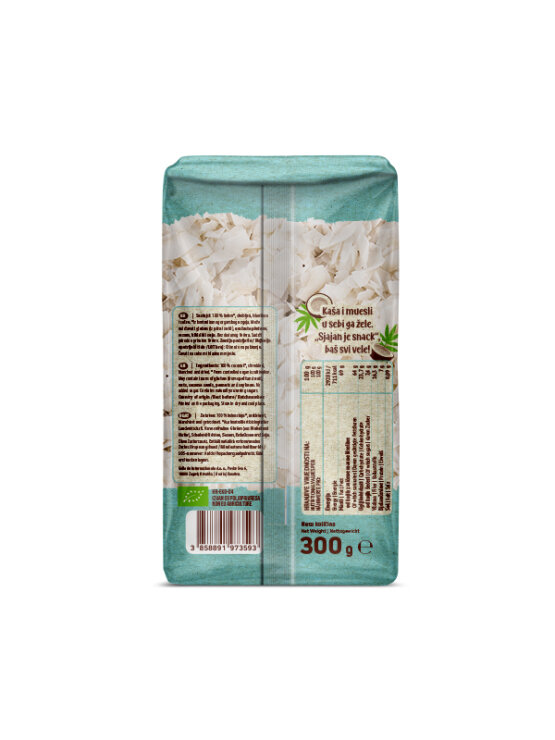 Nutrigold organic unsweetened coconut chips in a packaging of 300g