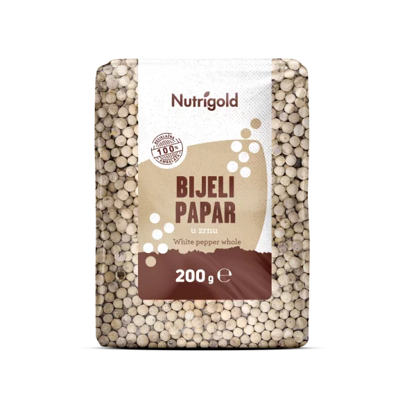 Nutrigold white peppercorns in a transparent bag of 200 grams