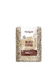 Nutrigold white peppercorns in a transparent bag of 200 grams