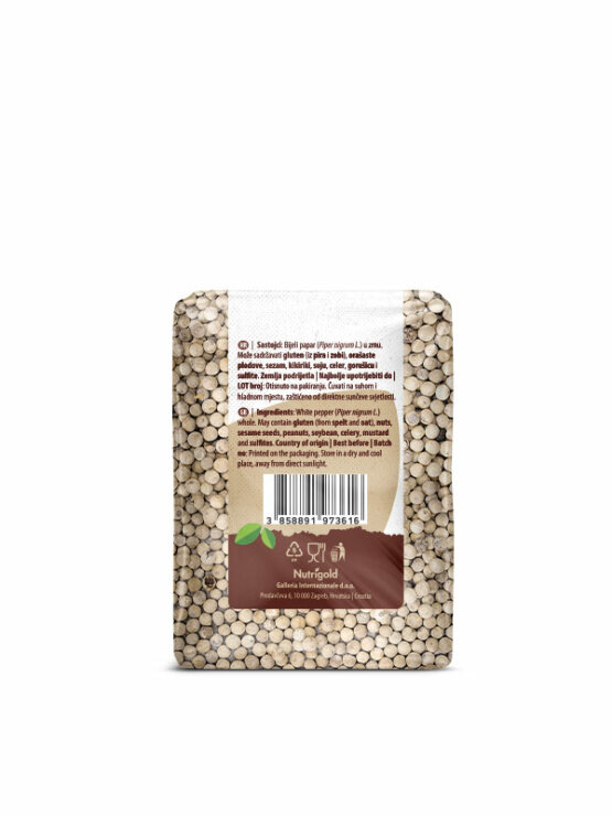 Nutrigold white peppercorns in a transparent bag of 200 grams